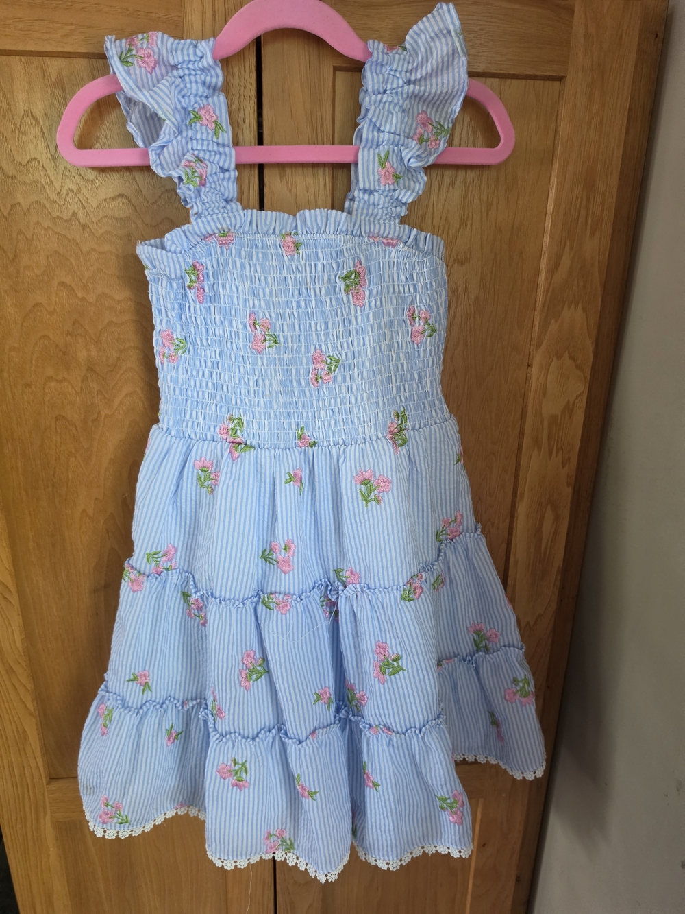 Rare Editions Light Blue Striped Floral Smocked Sundress